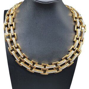 Heavy 22kgp Diamante Flat Double Link Necklace 16" Gold Plated Collar Pave Glass